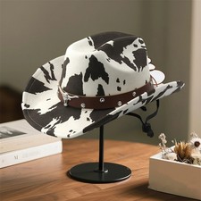 Vintage Leather Cowboy Hat for Women and Men with Cow Print Design Wide Brim Wes