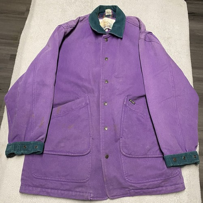 #ad Vintage Canvas Barn Chore Coat Medium Purple Corduroy Collar Cuffs Distressed $49.99