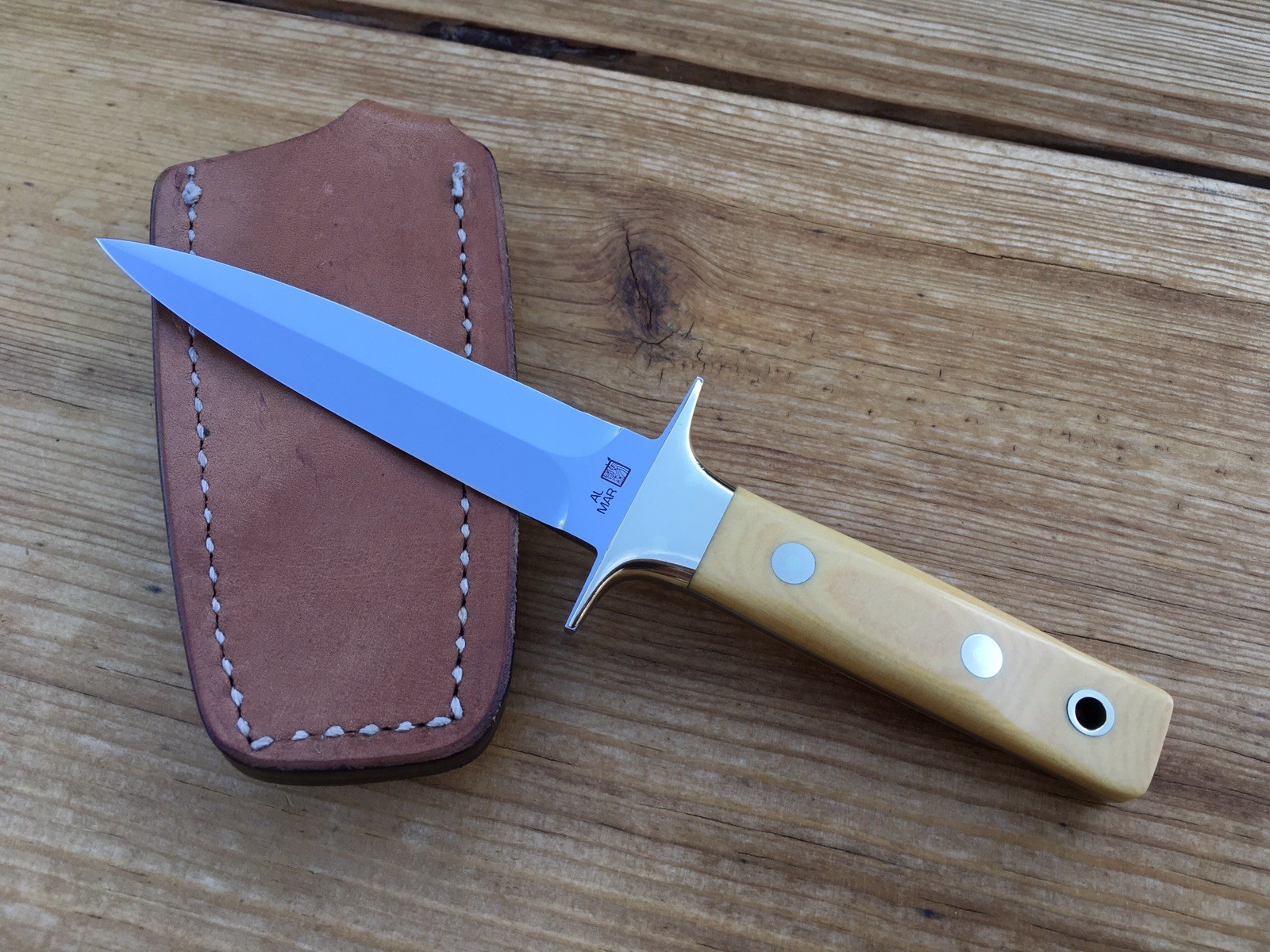 AL MAR FANG KNIFE MICARTA HANDLE TAPERED TANG LEATHER SHEATH USA SEKI-JAPAN