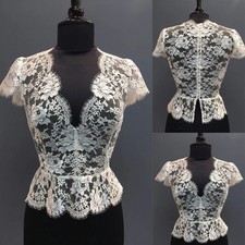 Wedding Full Lace Jackets Short Sleeves V Neck Bridal Boleros White Ivory Custom