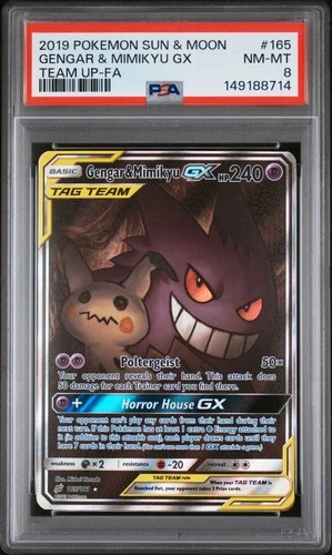 2019 POKEMON SUN & MOON TEAM UP #165 FULL ART/GENGAR & MIMIKYU GX PSA 8