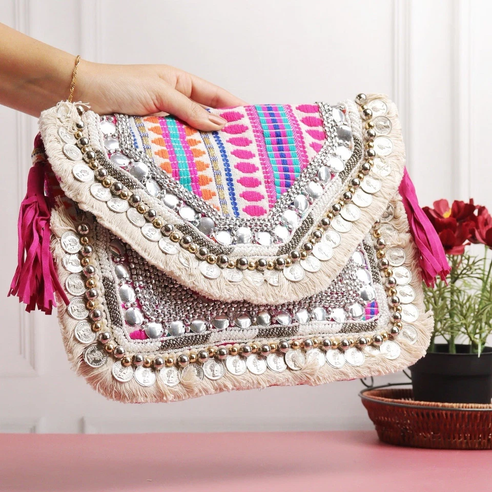Multicoloured Beaded Boho Bag Indian Banjara Bag Party Big Clutch For Women - Image 3 of 4