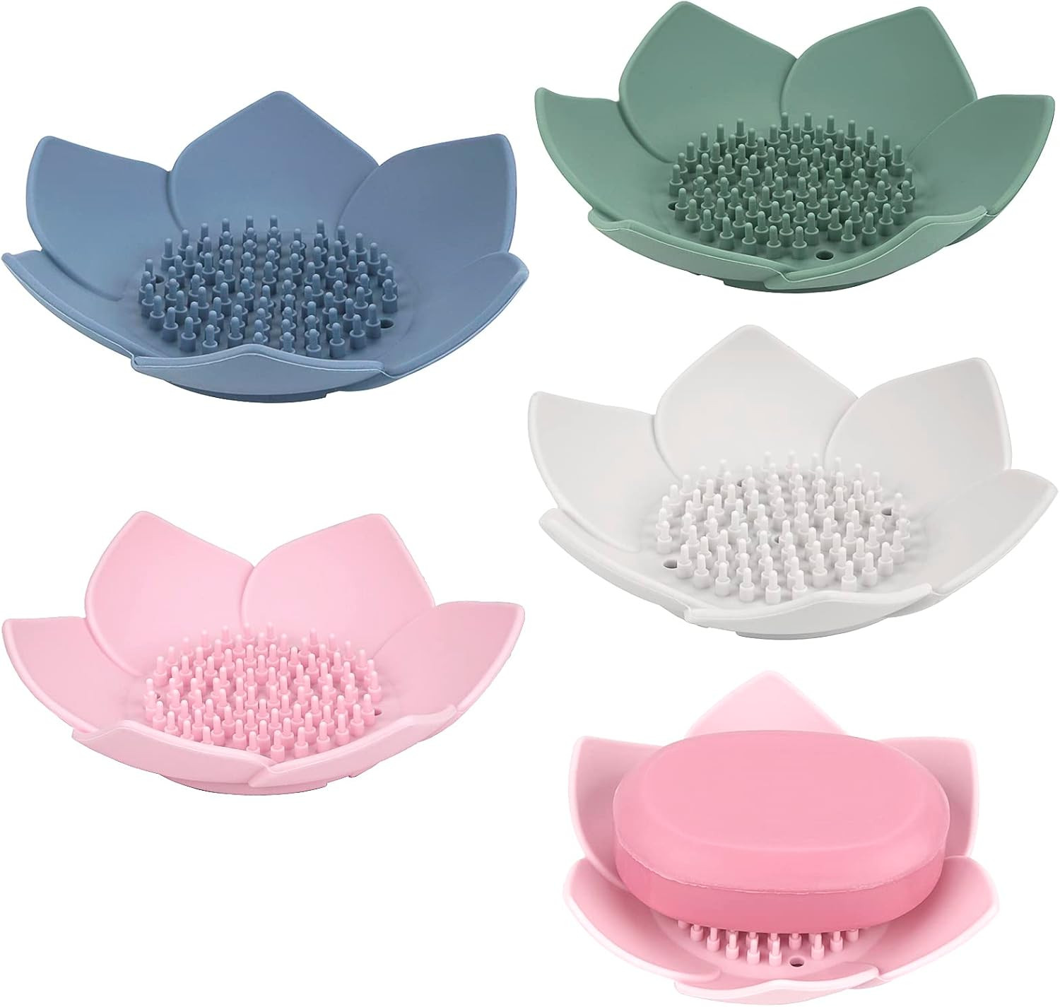 4 Pack Soap Dish with Drain, Silicone Bar Soap Holder for Bathroom, Flower Sh...