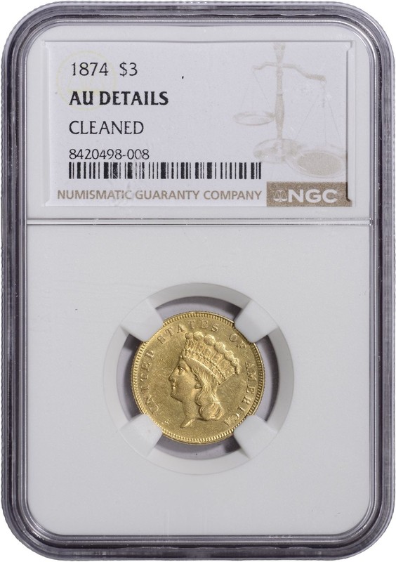 1874 $3 Indian Head Princess - NGC AU Details Cleaned