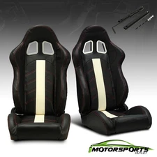 2 x Reclinable Racing Seats Pair Black PVC Main White Line Reclinable Seats