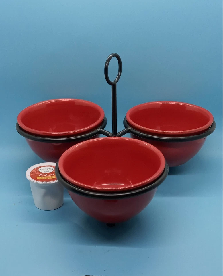 "tag" 3 Bowl Condiment Serving Set W/Black Metal Holder; Paprika Color; Fall - Image 2 of 4