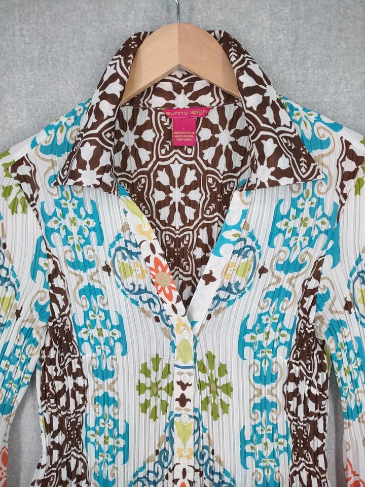 Sunny Leigh Топ Большой Разноцветный Геометрический Boho Туника Bell Рукав Плиссированная Кнопка - Изображение 3 из 4