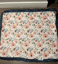 Minky Couture Baby Blanket 30x36 Infant Size Peach Navy Blue Floral Satin Pleat