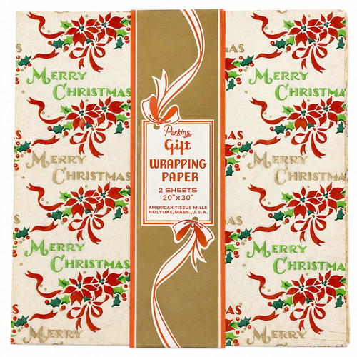 Vtg Perkins Christmas Gift Wrap Sealed 2 Sheets 20x30 Poinsettia Ribbon Script