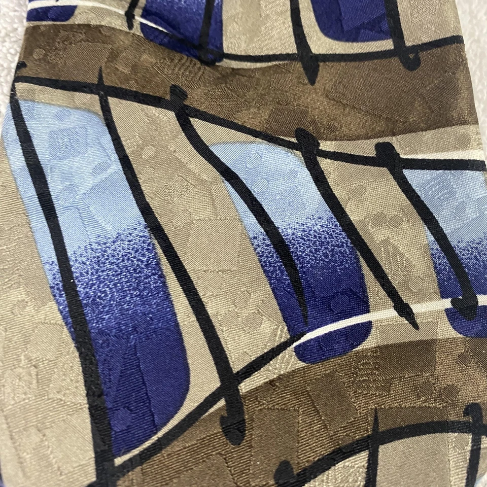 Corbata vintage J Riggins para hombre marrón azul abstracta 100 % seda hecha en EE. UU. años 90 Foto 3 de 4