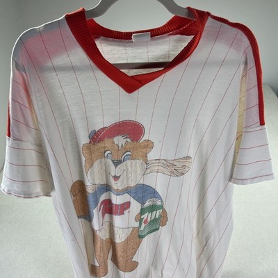 Vintage 80s 7UP Shirt Mens XL White Red Pinstripe Baseball Bear Graphic Tee USA
