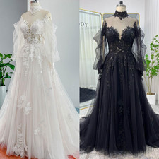 Black White Wedding Dresses Backless Summer Long Sleeves 2025 Tulle Bridal Gowns