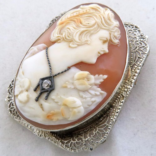 Antiguo broche prendedor de oro blanco de 14K con camafeo y diamante (11,8 g, 1,75") - Imagen 5 de 12
