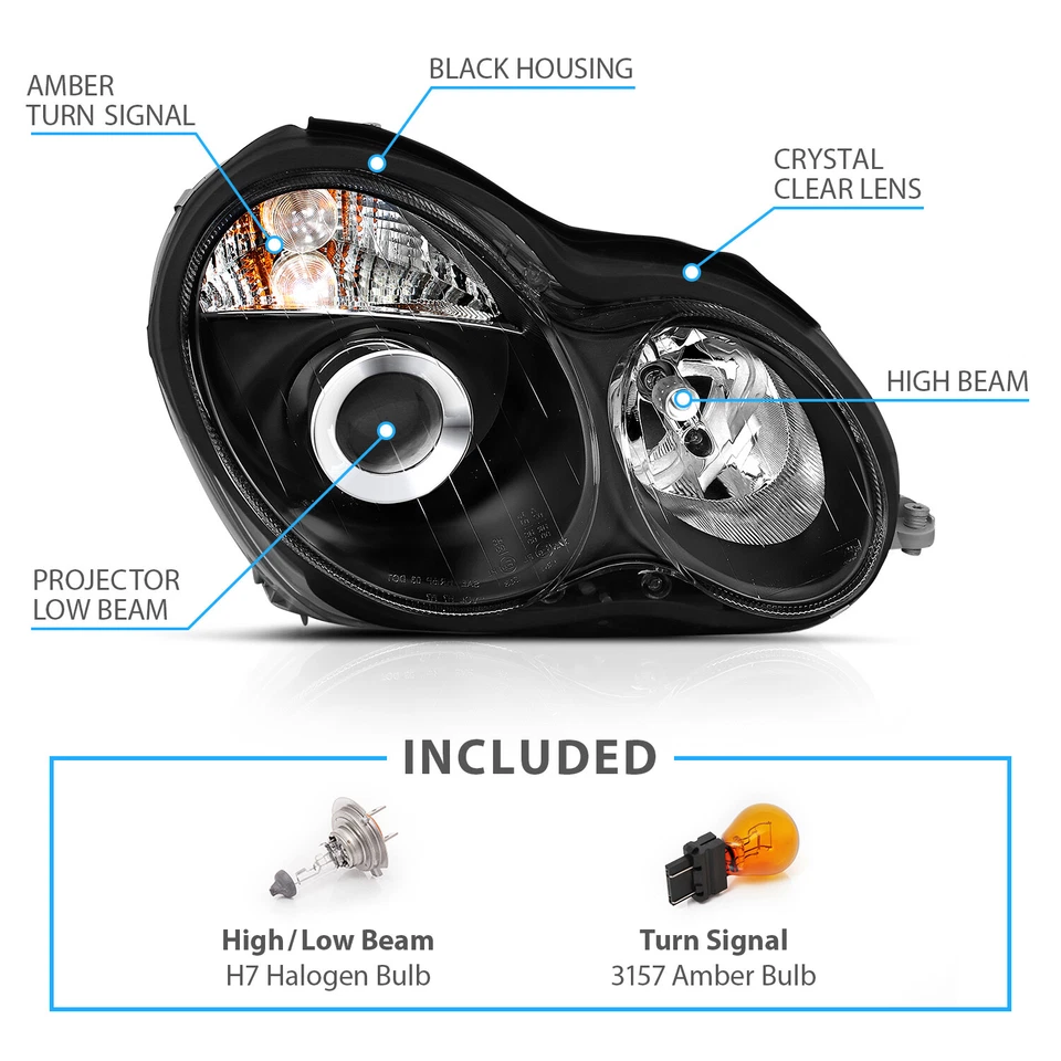 2001-2007 Black Projector Headlight For Mercedes-Benz W203 C-Class Sedan/Wagon Foto 4 de 4