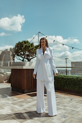  White Satin Wedding Pantsuit, Feathers Straight Wide Pants, Long Sleeves, V-Nec