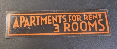 Vintage Rental Sign ''Apartments For Rent 3 Rooms'' Metal 8.75'' × 2.25'' Blk/Orange