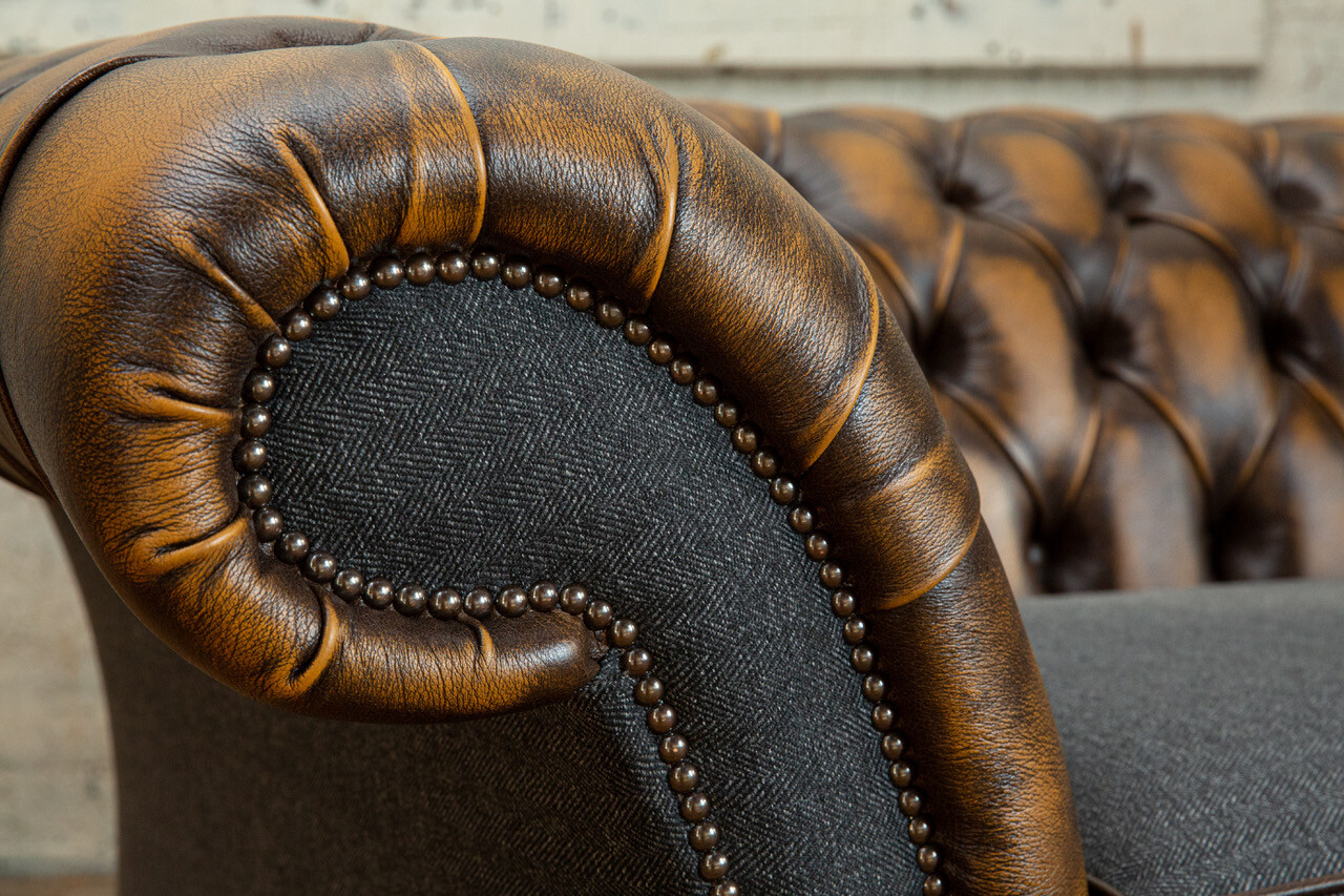 HANDMADE 3 SEATER ANTIQUE TAN BROWN LEATHER & DARK GREY WOOL ...