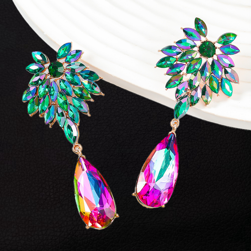 Women's Pink Green Rhinestone Flower Leaf Teardrop Dangle Earrings - Picture 2 of 3