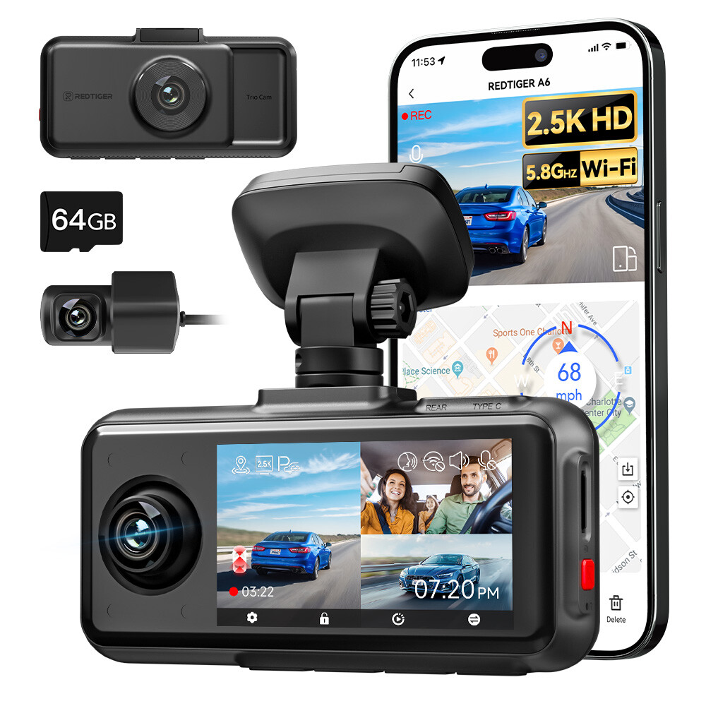 REDTIGER A6 3Channel Dash Cam Front Inside Rear 4K&sol;2&period;5K&plus;1080P&plus;1080P Touch Screen