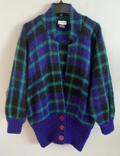 Vtg I.B. DIFFUSION Mohair Plaid Thick Cardigan Sweater V-Neck Dolman Sleeve S