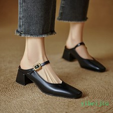 Womens Square Toe Buckle Mules Slides Mid Chunky Heel Sandals Slingback Pump New