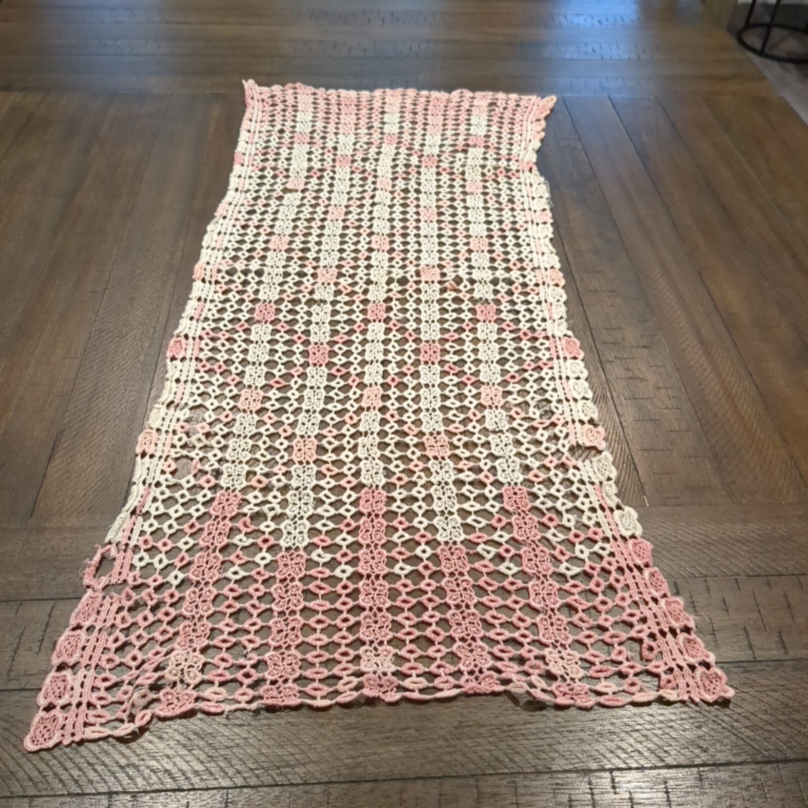Vintage Crochet or Knitted Dresser Scarf Table Runner White Pink 35"x16"
