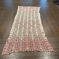 Vintage Crochet or Knitted Dresser Scarf Table Runner White Pink 35"x16"