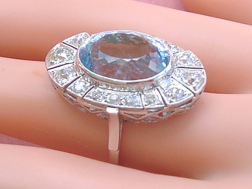 NACHLASS ART DECO 10ct OVALER AQUAMARIN 1,25ctw MEIN DIAMANT PLATIN COCKTAIL RING - Bild 4 von 15