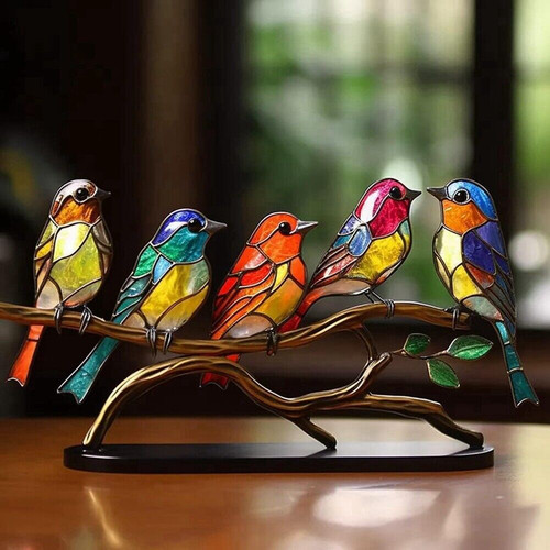Stained Birds on Branch Desktop Ornaments Metal Flat Bird Home Decoration Gifts - Picture 3 of 17