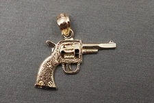 10K Solid Yellow Gold 0.7" Diamond Cut Small Pistol Gun Charm Pendant.