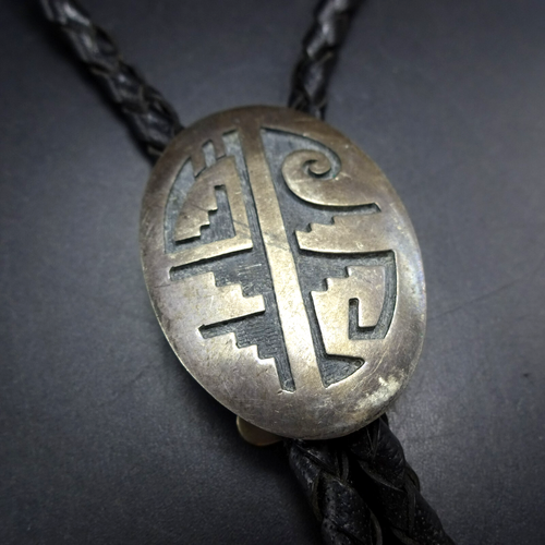Old VINTAGE Hopi Guild GENE POOYOUMA Sterling Silver Overlay BOLO Tie