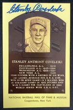 Stan Coveleski Signed Gold HOF Plaque Postcard Yellow JSA Autograph