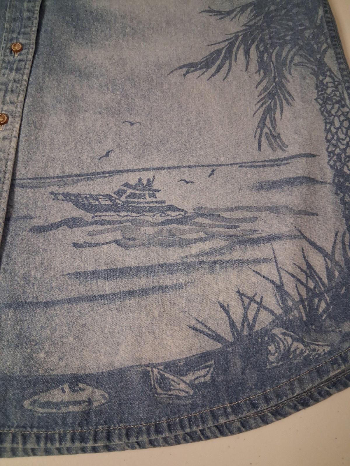 HARRITON Women's **XL Artsy Unique Denim Shirt Water Boats Birds Palm Trees