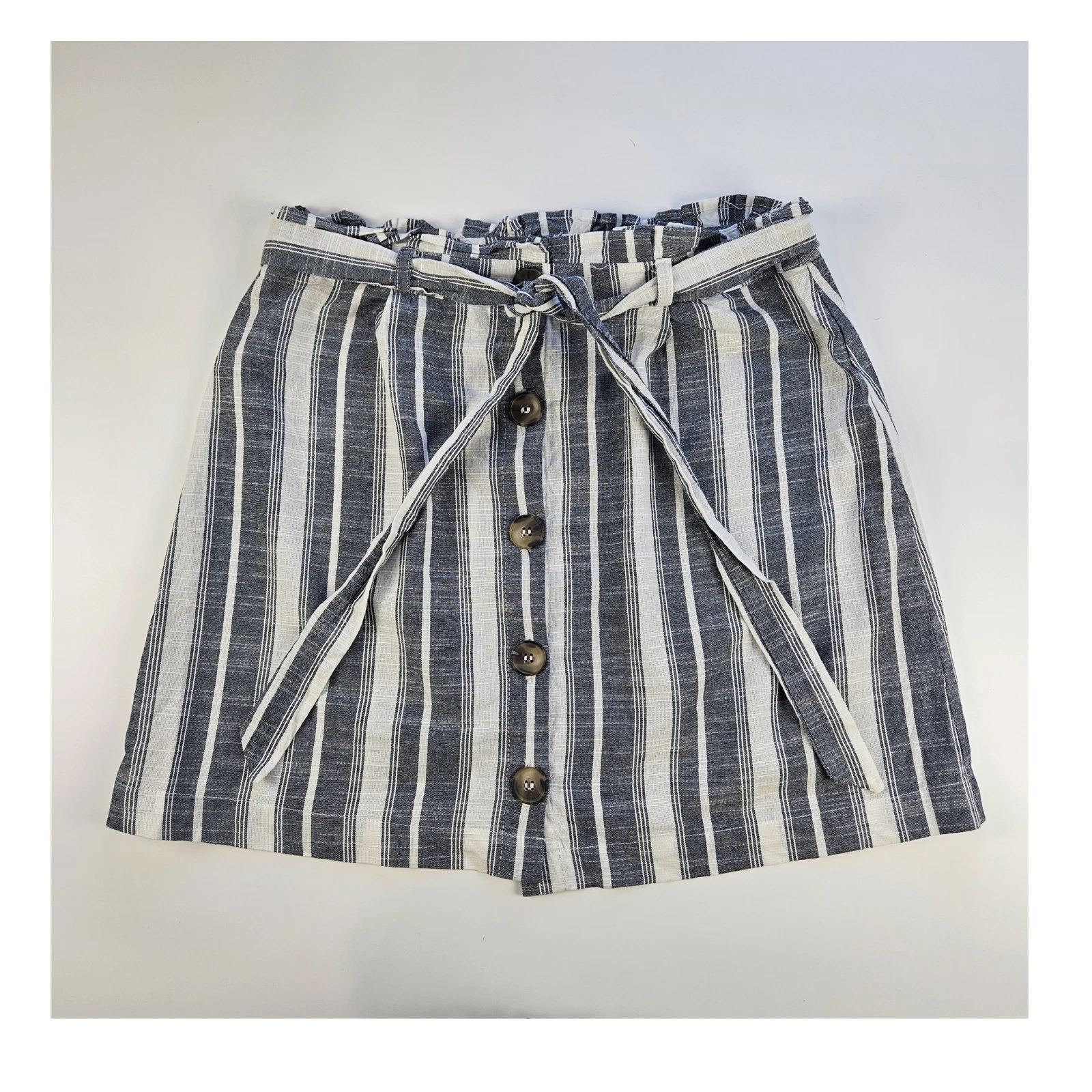 MINE Gray White Striped 100 Cotton A-Line Skirt Button Tie Belt High Rise Medium