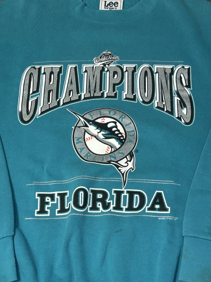 复古 90 年代 Nutmeg Lee 运动 MLB 佛罗里达马林鱼队世界冠军运动衫 L — 第 2/4 张图片