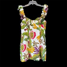 Farm Rio Sz M Tropical Mini Dress Linen Blend Ivory Ruffle Straps Fitted Bodice