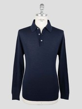 NEW KITON BLUE WOOL 14 MICRON SWEATER POLO EU 58 - US 48 - 3XL KMZ46