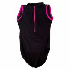 Eurotard Girls XL Black Sleeveless Zip Front Leotard Pink Trim Nylon Lycra