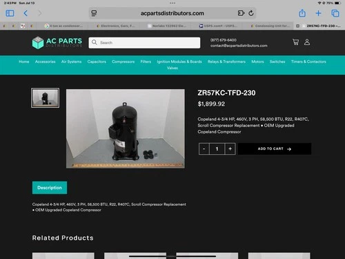 Copeland ZR57KC-TFD-230 3PH 380–460V R22 COMPRESSOR(fits ZR57K3E-TFD-830)