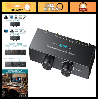 4-Way Stereo Audio Switcher 3.5mm RCA Selector Box for Speakers & Headphones
