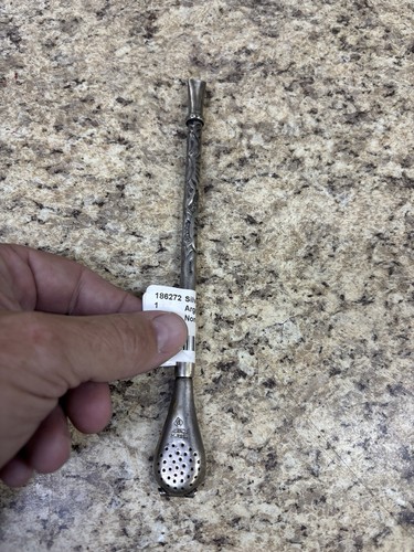 Vintage Alpaca Silver Argentina w/ Ornate Handle Yerba Mate Tea Straw 7.5"L
