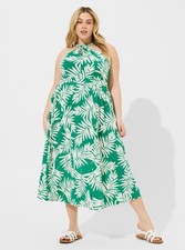 Torrid Size 2 18/20 Tea Length Studio Knit Halter Dress Green Fronds Leaves