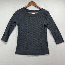 LOFT Sweater Womens Small Charcoal Cable Knit 3/4 Raglan Sleeve Cotton Preppy