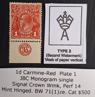1914 Australia 1d Carmine Red KGV stamp 2nd WMK JCB Monogram Mint Cat $500.00