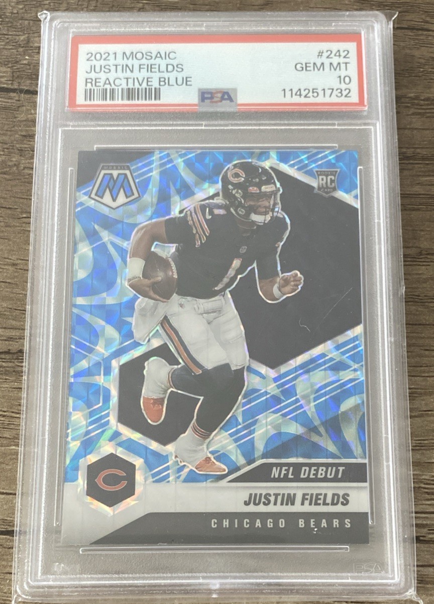 PSA 10 2021 Mosaic #242 Justin Fields RC Reactive Blue Gem Mint NFL Debut Bears