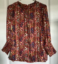 Womens Rachel Zoe Medium Bright Red Floral Sheer Accordian Long Sleeve Blouse