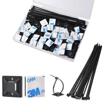 Strong Back-Glue Self Adhesive Cable Zip Tie Mounts Kit - 100 100 Set, Black 