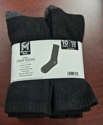 Member's Mark Mens Crew Socks 10 Pair 65% Cotton Sizes 6-12 BLACK Arch Support