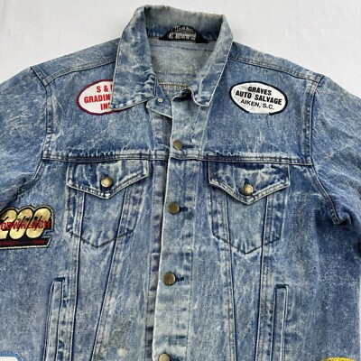 Vintage 1980s Denim Jacket Adult Medium Blue Patches Cut Off Vintage 1980s Denim Jacket Adult Medium Blue Patches Cut Off