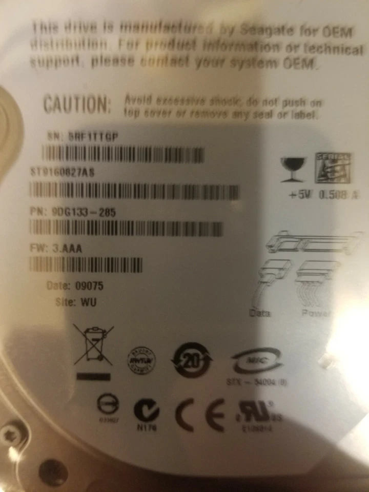 Seagate ST9160827AS PN 9DG133-285 FW 3.AAA Date 09075 WU 160GB SATA 2.5" HD - Image 2 of 2